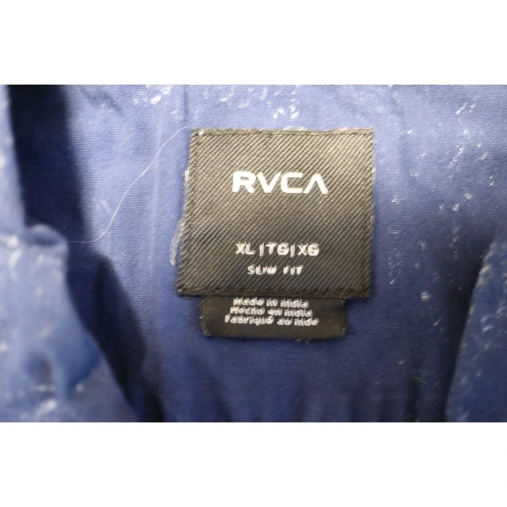 RVCA Mens XL Short Sleeve Button Down Shirt Blue Acid Wash Slim Fit - Picture 3 of 5